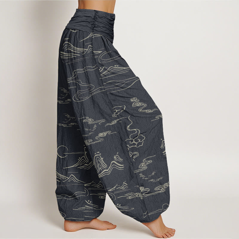 Buddha Stonesコットン山月吉兆雲柄レディース伸縮性ウエストハーレムパンツ - image 1