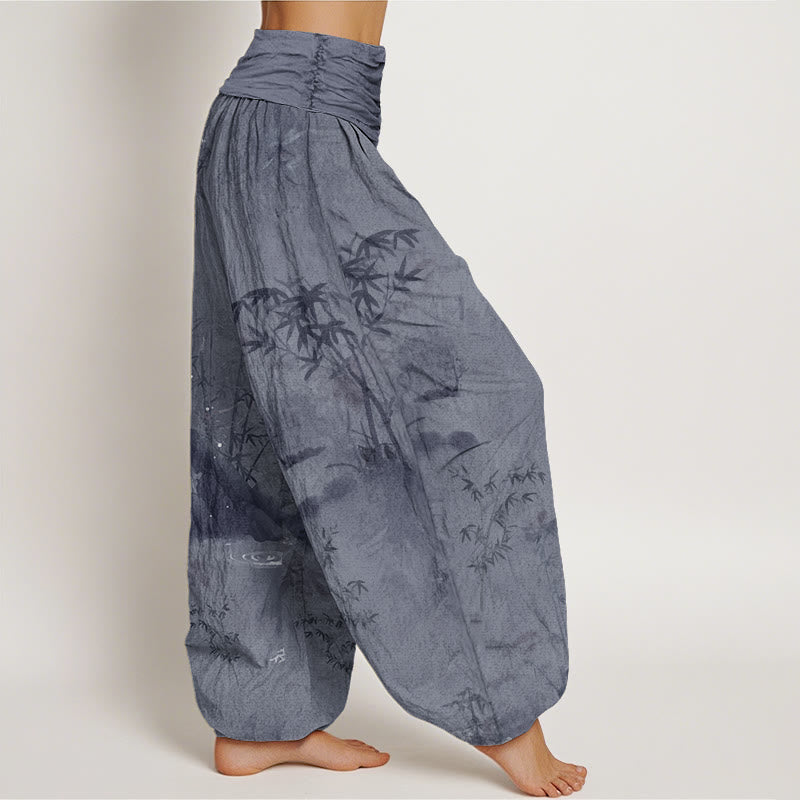 Buddha Stonesカジュアル竹岩水墨画レディース伸縮性ウエストハーレムパンツ - image 2