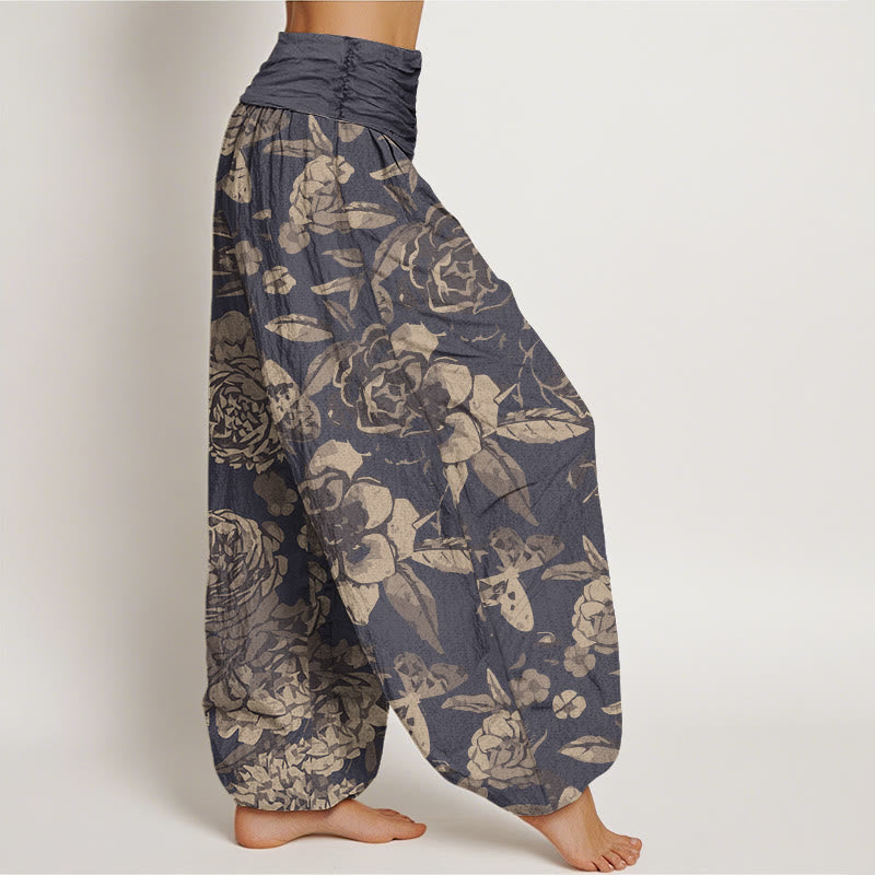 Buddha Stonesコットンカジュアル牡丹花葉レディース伸縮性ウエストハーレムパンツ - image 1