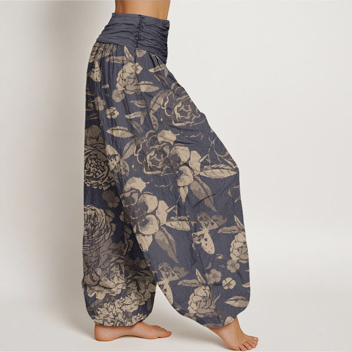 Buddha Stonesコットンカジュアル牡丹花葉レディース伸縮性ウエストハーレムパンツ - image 1