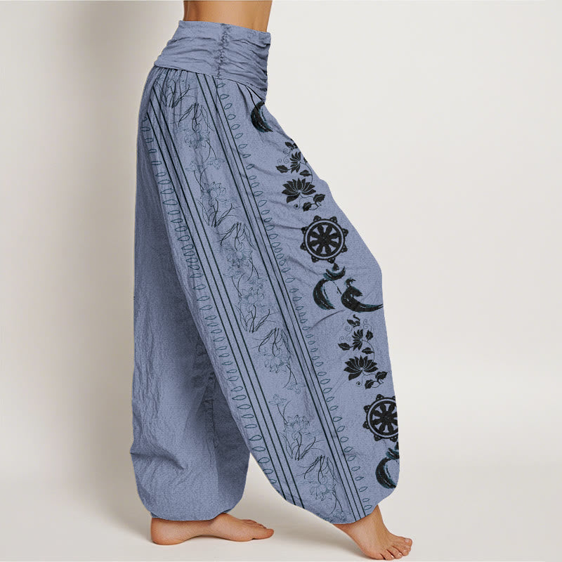 Buddha Stones、法輪、蓮、OM柄、レディース、伸縮性ウエスト、ハーレムパンツ - image 2