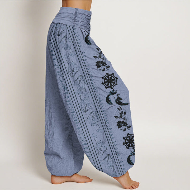 Buddha Stones、法輪、蓮、OM柄、レディース、伸縮性ウエスト、ハーレムパンツ - image 2