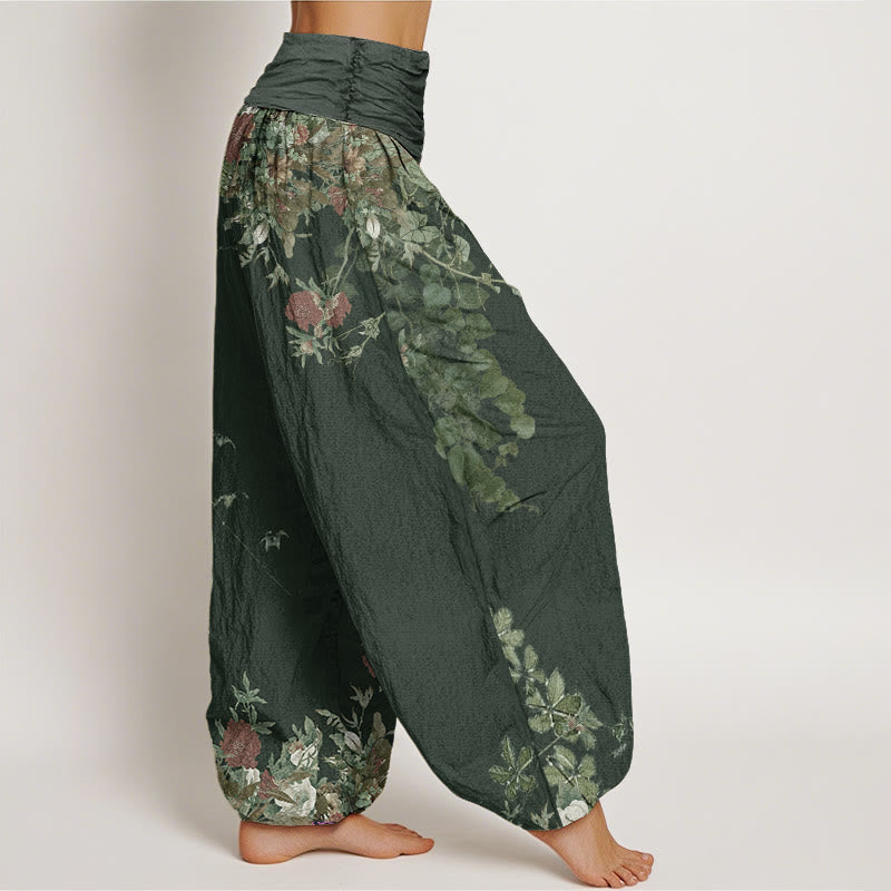 Buddha Stonesカジュアル レッド 牡丹 花 つる デザイン レディース 伸縮性ウエスト ハーレムパンツ - image 6