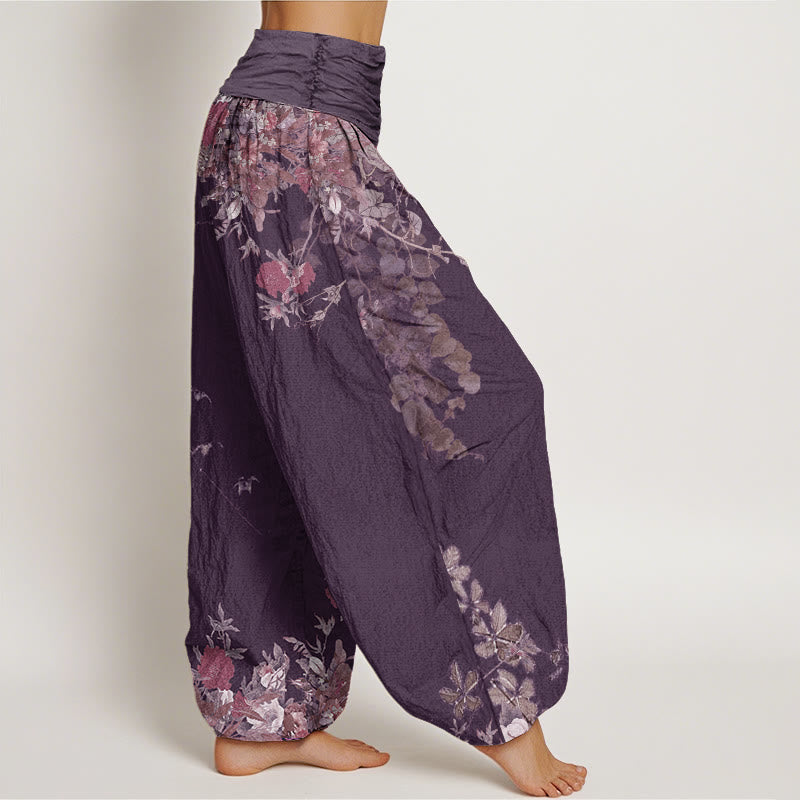 Buddha Stonesカジュアル レッド 牡丹 花 つる デザイン レディース 伸縮性ウエスト ハーレムパンツ - image 9