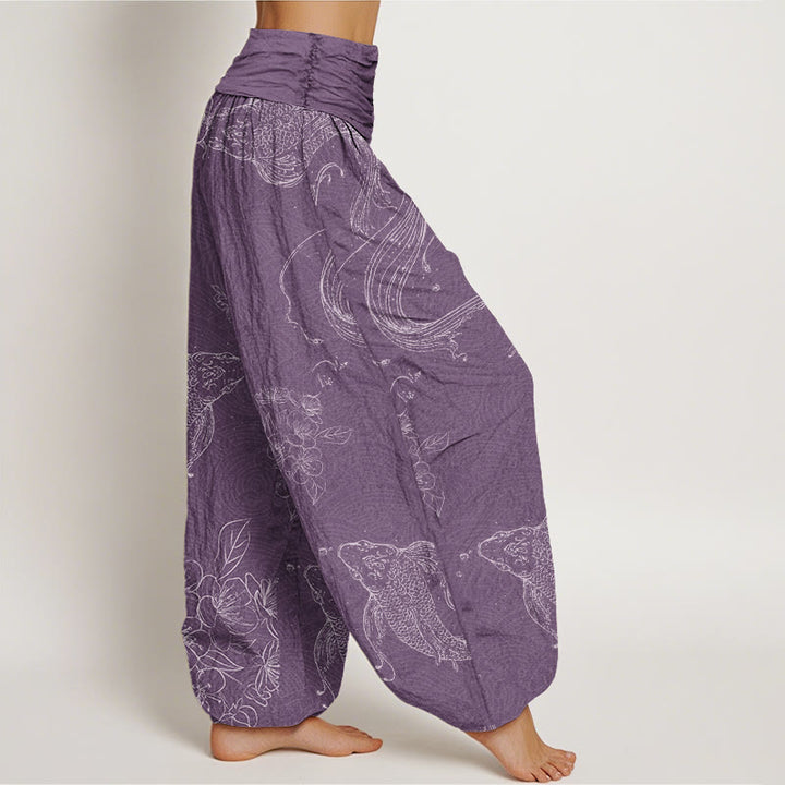 Buddha Stones鯉花柄レディース伸縮性ウエストハーレムパンツ - image 6