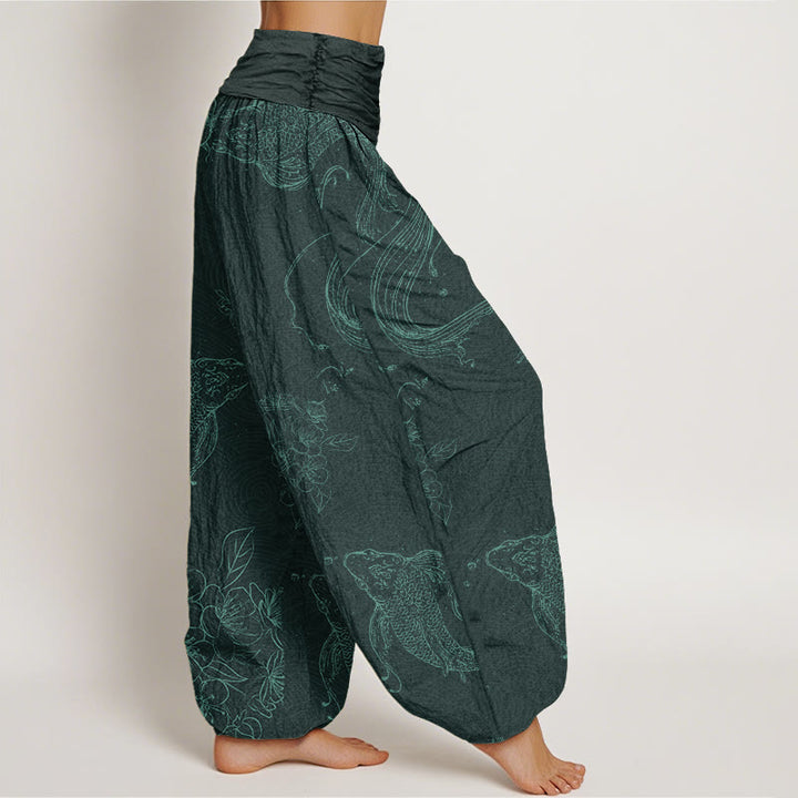 Buddha Stones鯉花柄レディース伸縮性ウエストハーレムパンツ - image 9