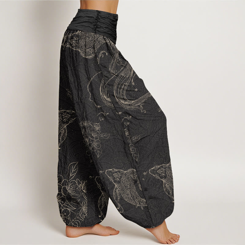 Buddha Stones鯉花柄レディース伸縮性ウエストハーレムパンツ - image 2