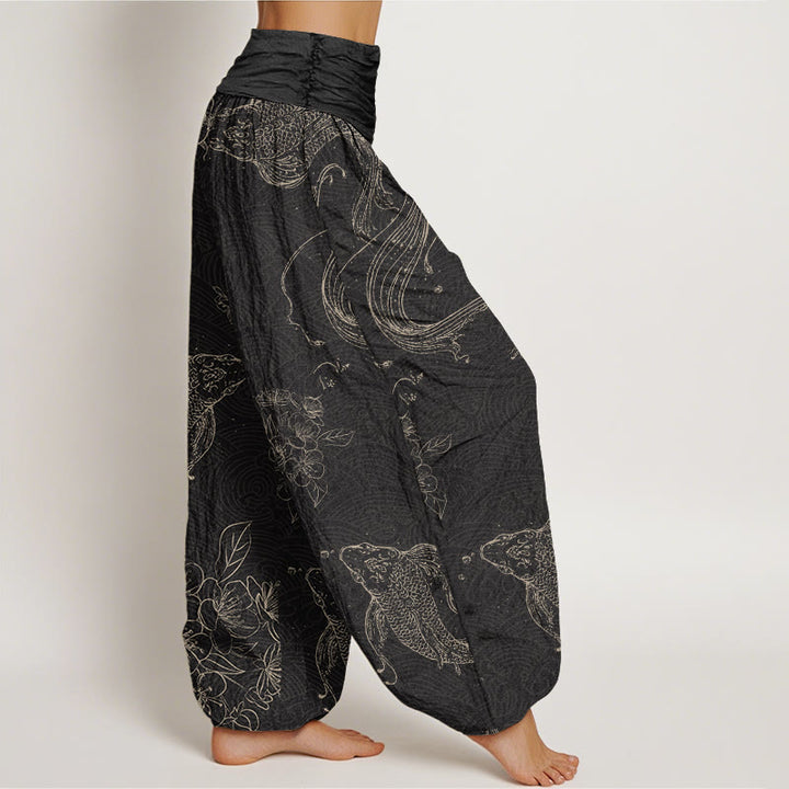 Buddha Stones鯉花柄レディース伸縮性ウエストハーレムパンツ - image 2