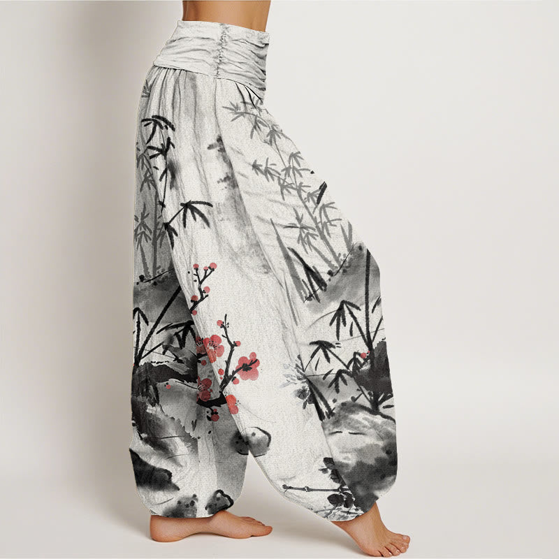Buddha Stones、梅、竹、蘭、菊の模様のレディース伸縮性ウエストハーレムパンツ - image 2