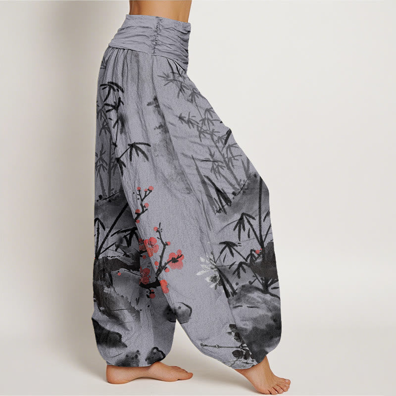 Buddha Stones、梅、竹、蘭、菊の模様のレディース伸縮性ウエストハーレムパンツ - image 9