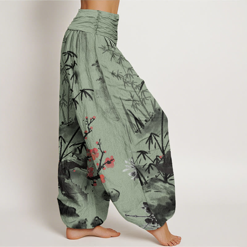 Buddha Stones、梅、竹、蘭、菊の模様のレディース伸縮性ウエストハーレムパンツ - image 6