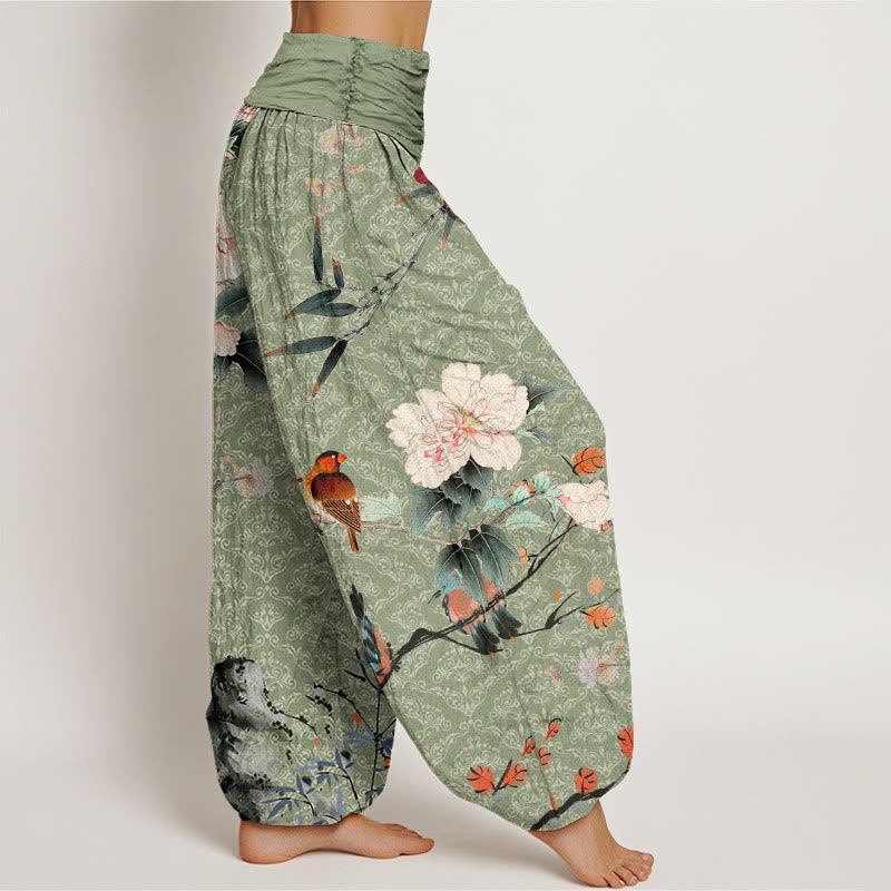 Buddha Stones、ウグイス、鳥、花、枝、曼荼羅柄、レディース 伸縮性ウエスト ハーレムパンツ - image 2