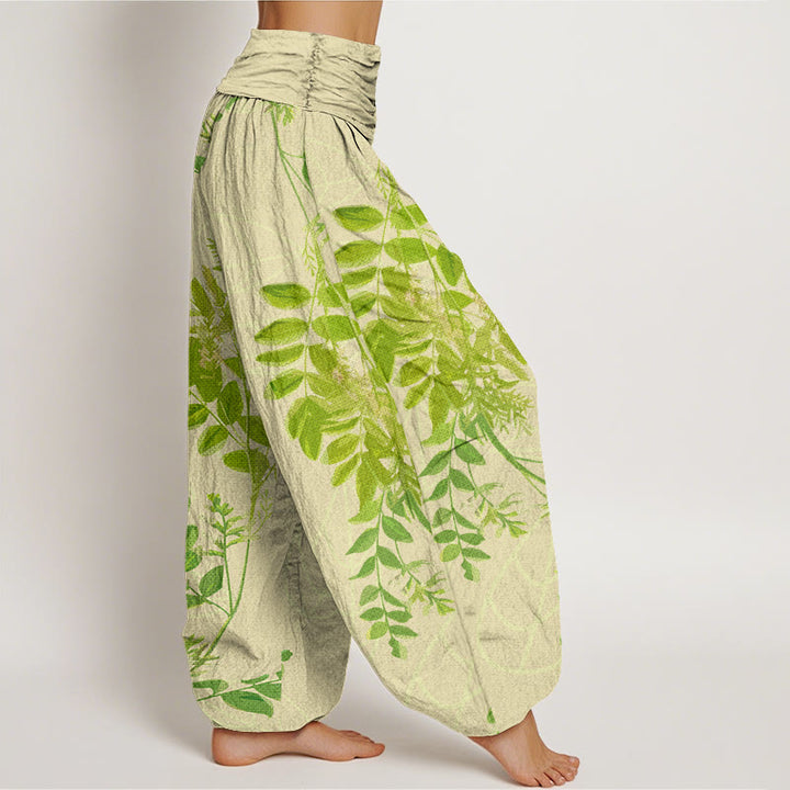 Buddha Stonesコットングリーンの葉と枝柄レディース伸縮性ウエストハーレムパンツ - image 2