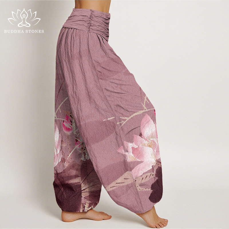 Buddha Stonesピンク蓮の葉鳥柄レディース伸縮性ウエストハーレムパンツ - image 9