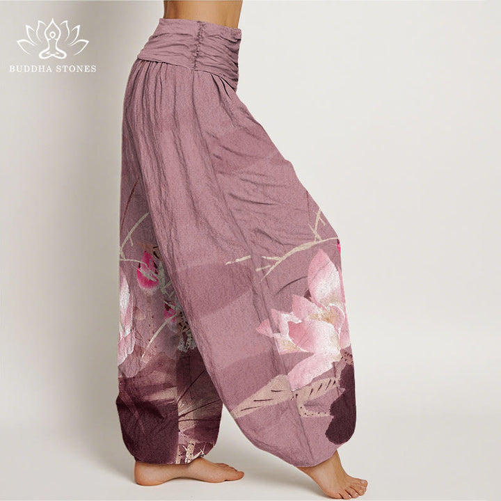Buddha Stonesピンク蓮の葉鳥柄レディース伸縮性ウエストハーレムパンツ - image 9
