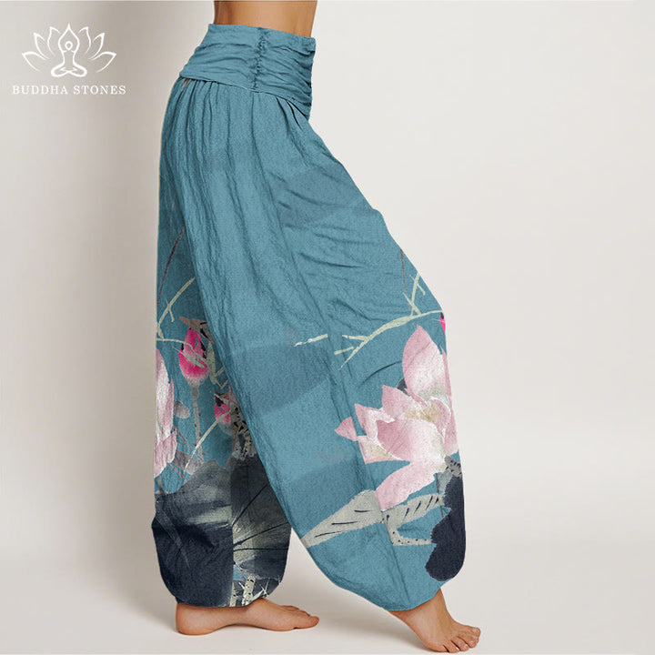 Buddha Stonesコットンピンク蓮の葉鳥柄レディース伸縮性ウエストハーレムパンツ - image 5