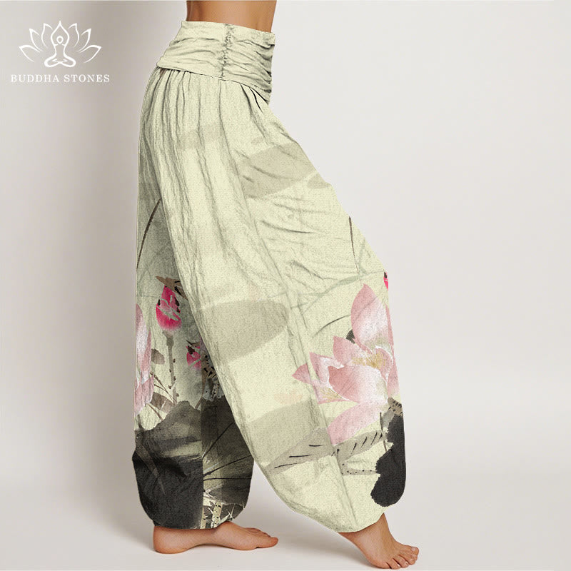 Buddha Stonesピンク蓮の葉鳥柄レディース伸縮性ウエストハーレムパンツ - image 2