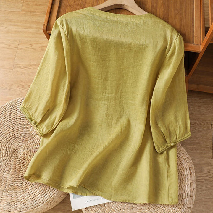 Buddha Stonesカジュアル刺繍 カエルボタン ポリエステル 半袖 レディース Vネック シャツ - image 12