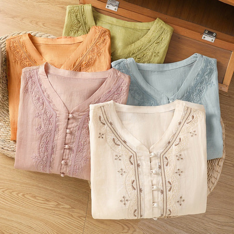 Buddha Stonesカジュアル刺繍 カエルボタン ポリエステル 半袖 レディース Vネック シャツ - image 32