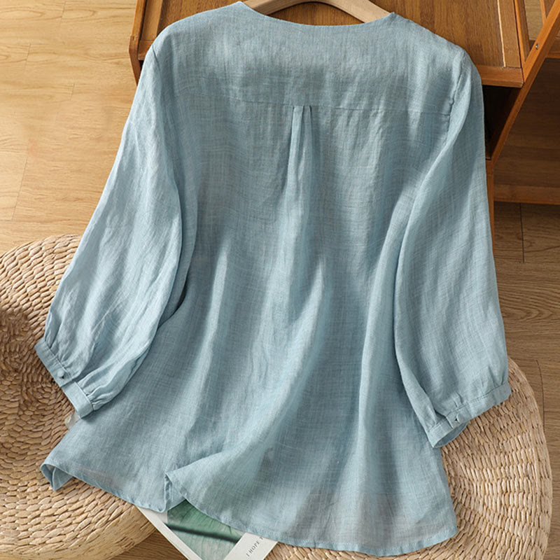 Buddha Stonesカジュアル刺繍 シングルブレスト ボタン ポリエステル ハーフスリーブ レディース Vネック シャツ - image 1