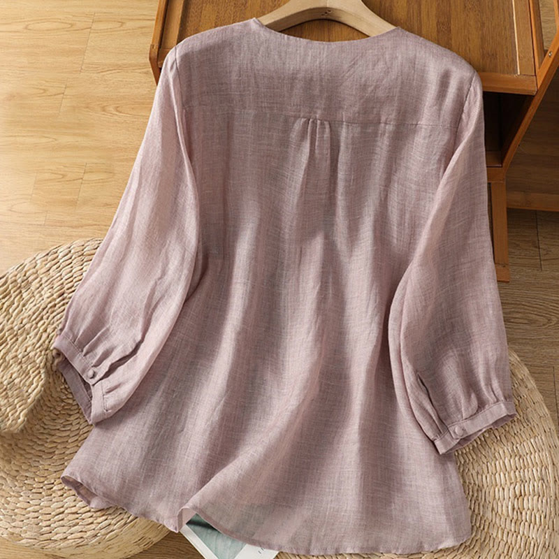 Buddha Stonesカジュアル刺繍 シングルブレスト ボタン ポリエステル ハーフスリーブ レディース Vネック シャツ - image 11
