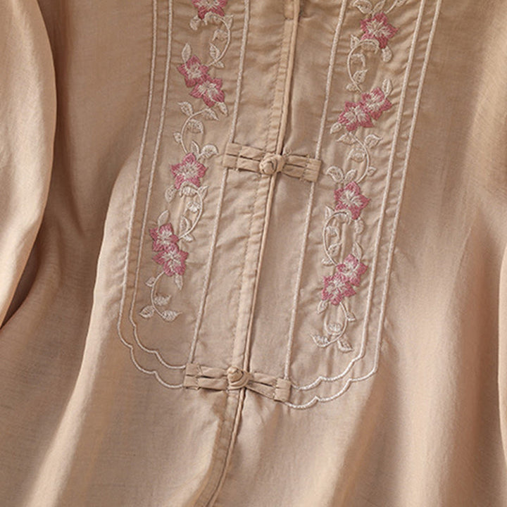 Buddha Stonesカジュアル刺繍 カエルボタン コットン ポリエステル 半袖 レディース スタンドカラー シャツ - image 4