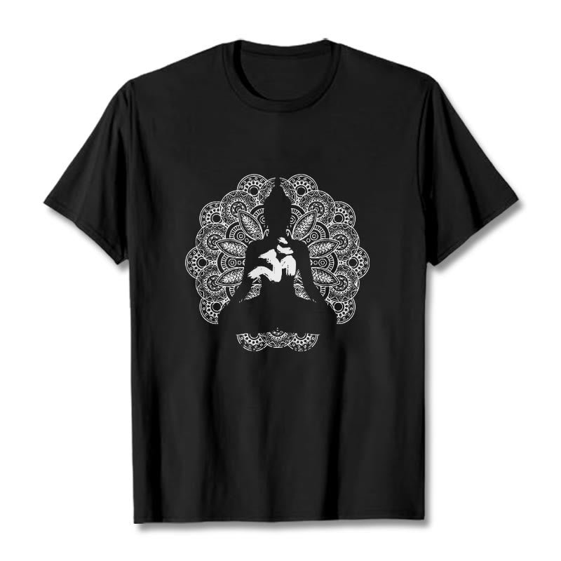 Buddha Stones純色曼荼羅オームシンボル柄Tシャツ - 黒 - 2XL - image 1