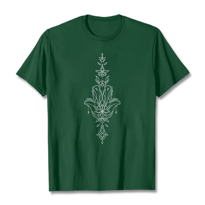 Buddha Stonesハムサハンド蓮の花柄Tシャツ - フォレストグリーン - 2XL - image 12