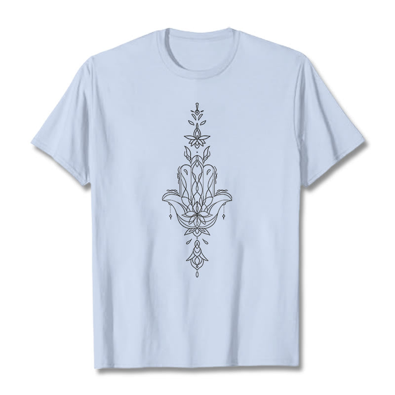 Buddha Stonesハムサハンド蓮の花柄Tシャツ - ライトシアン - 2XL - image 1