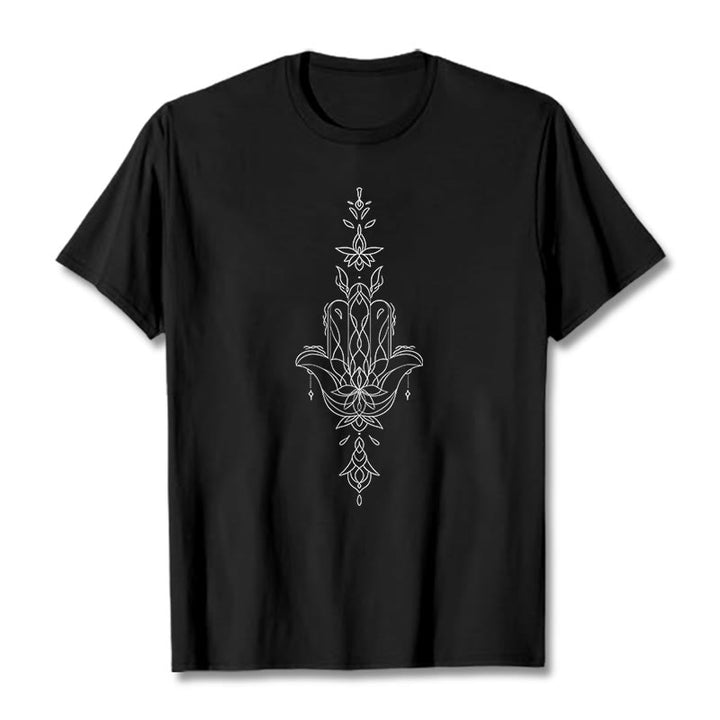 Buddha Stonesハムサハンド蓮の花柄Tシャツ - 黒 - 2XL - image 2