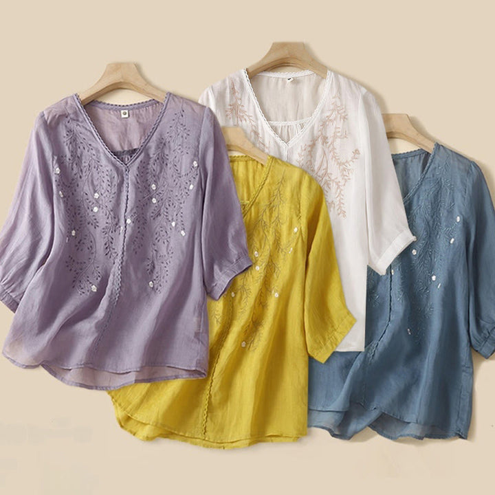 Buddha Stones夏 カジュアル 花 枝 刺繍柄 Vネック 半袖 コットン リネン レディース Tシャツ