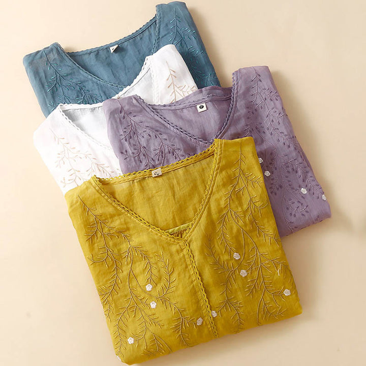 Buddha Stones夏 カジュアル 花 枝 刺繍柄 Vネック 半袖 コットン リネン レディース Tシャツ