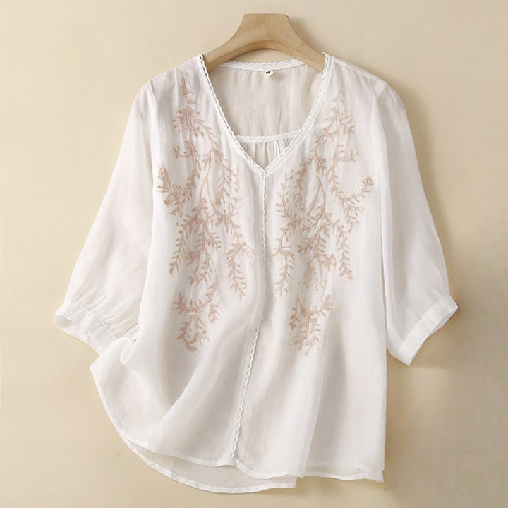 Buddha Stones夏用 カジュアル 花枝刺繍模様 Vネック 半袖 レディース Tシャツ - 白 - US8-10，UK/AU12-14，EU40-42 (2XL) - image 6