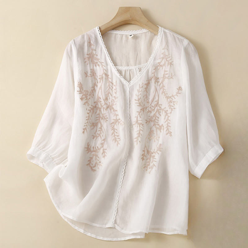 Buddha Stones夏 カジュアル 花 枝 刺繍柄 Vネック 半袖 コットン リネン レディース Tシャツ
