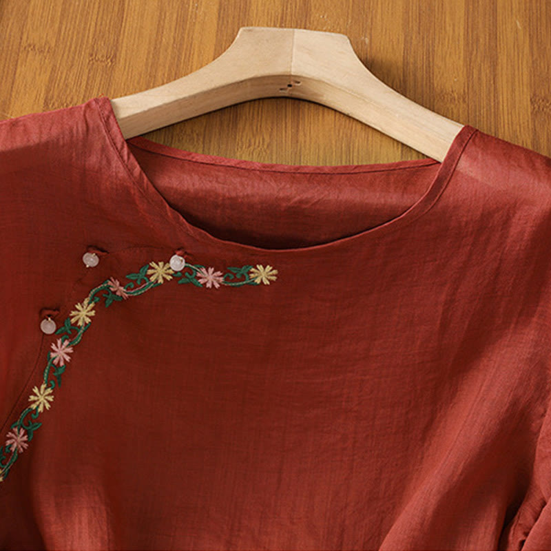 Buddha Stonesカジュアル 刺繍 花 コットン ポリエステル 半袖 レディース クルーネック シャツ - image 2