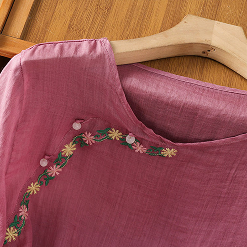 Buddha Stonesカジュアル 刺繍 花 コットン ポリエステル 半袖 レディース クルーネック シャツ - image 11