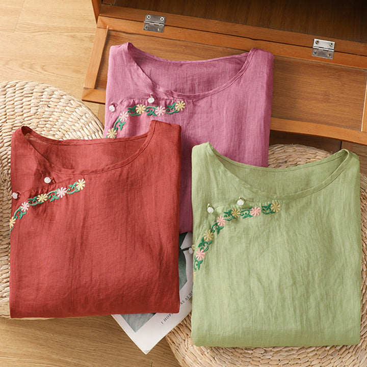 Buddha Stonesカジュアル 刺繍 花 コットン ポリエステル 半袖 レディース クルーネック シャツ - image 23