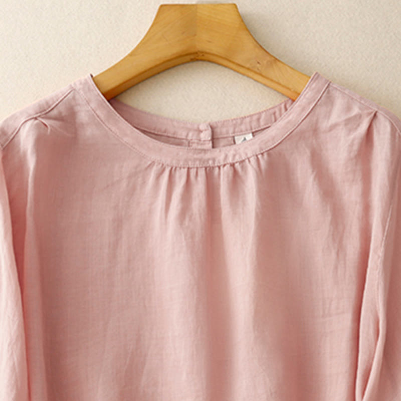 Buddha Stonesカジュアル 無地 レディース クルーネック デザイン コットン ポリエステル Tシャツ - image 1
