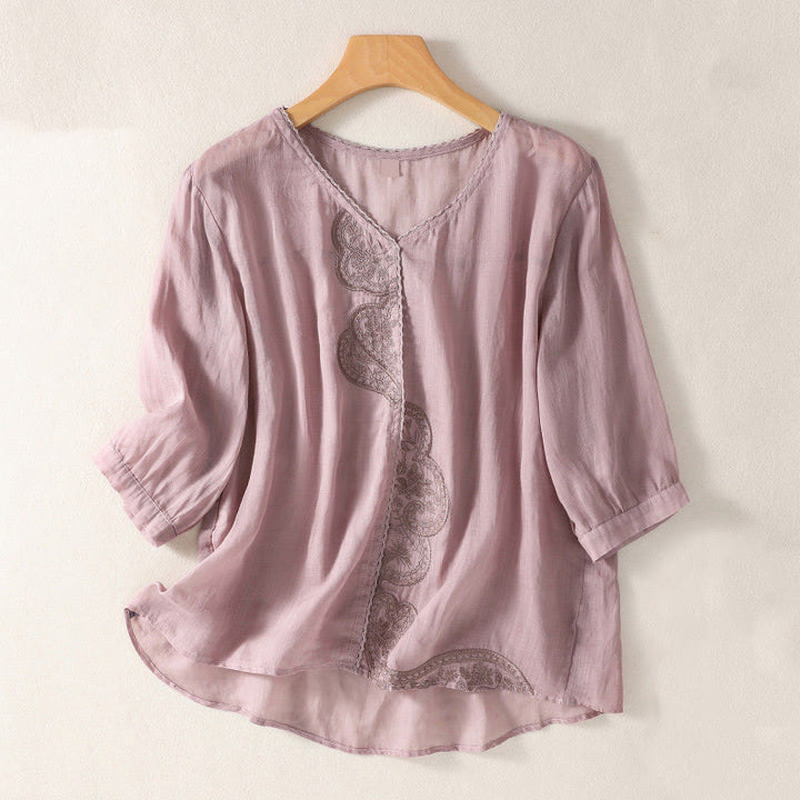 Buddha Stonesカジュアル刺繍柄レディースVネックデザイン半袖コットンリネンTシャツ - 梅 - US14、 UK/AU18、 EU46 (2XL) - image 0