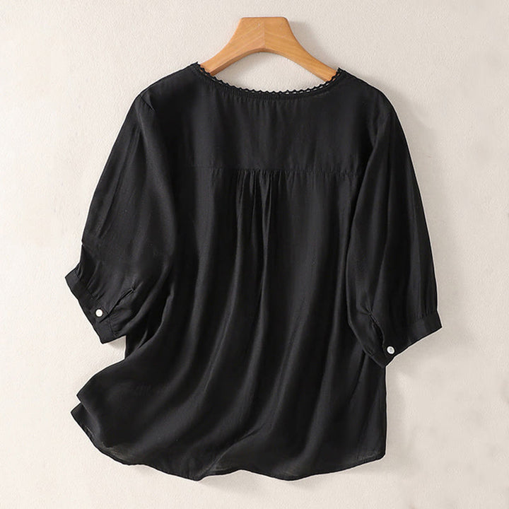 Buddha Stonesカジュアル刺繍柄レディースVネックデザイン半袖コットンリネンTシャツ - 黒 - US14、 UK/AU18、 EU46 (2XL) - image 5