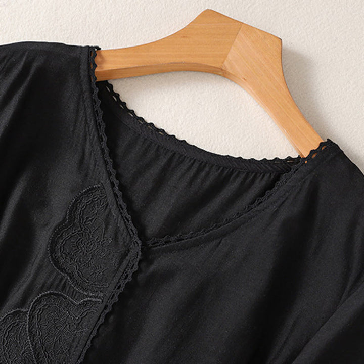 Buddha Stonesカジュアル刺繍柄レディースVネックデザイン半袖コットンリネンTシャツ - image 6