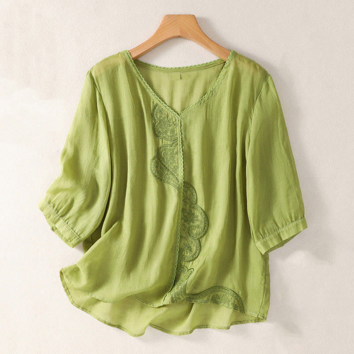 Buddha Stonesカジュアル刺繍柄レディースVネックデザイン半袖コットンリネンTシャツ - 黄緑 - US14、 UK/AU18、 EU46 (2XL) - image 13