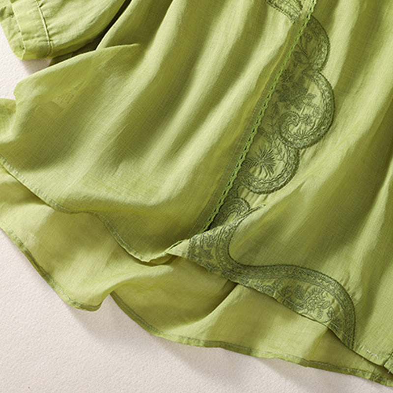 Buddha Stonesカジュアル刺繍柄レディースVネックデザイン半袖コットンリネンTシャツ - image 17