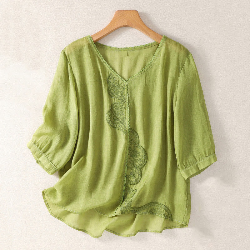 Buddha Stonesカジュアル刺繍パターン レディース Vネックデザイン ハーフスリーブ Tシャツ - 黄緑 - US14、 UK/AU18、 EU46 (2XL) - image 13