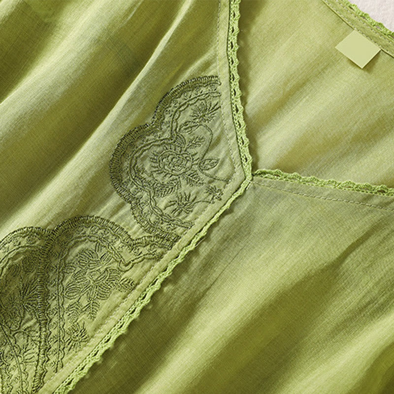 Buddha Stonesカジュアル刺繍柄レディースVネックデザイン半袖コットンリネンTシャツ - image 16