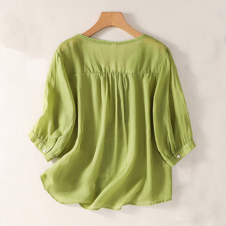 Buddha Stonesカジュアル刺繍柄レディースVネックデザイン半袖コットンリネンTシャツ - image 14