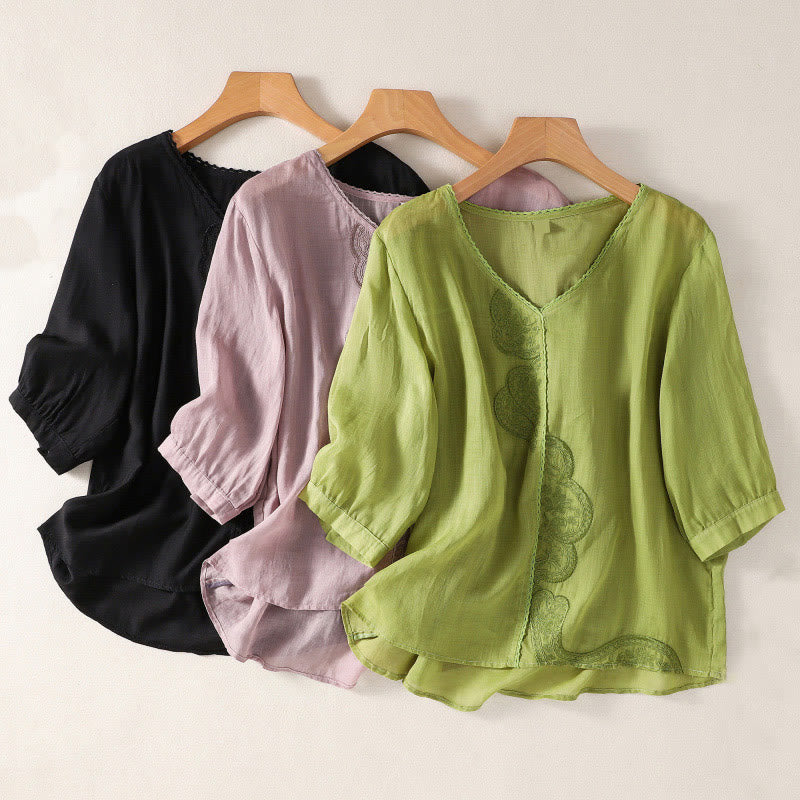 Buddha Stonesカジュアル刺繍柄レディースVネックデザイン半袖コットンリネンTシャツ - image 23