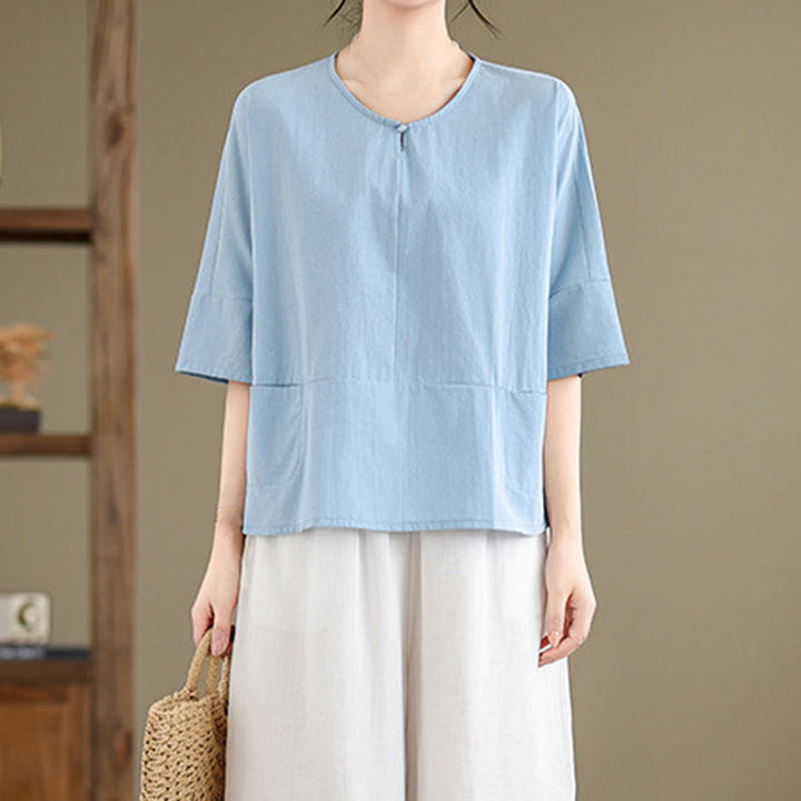 Buddha Stonesカジュアル 無地 レディース 半袖 コットン ポリエステル Tシャツ ポケット付き - image 3