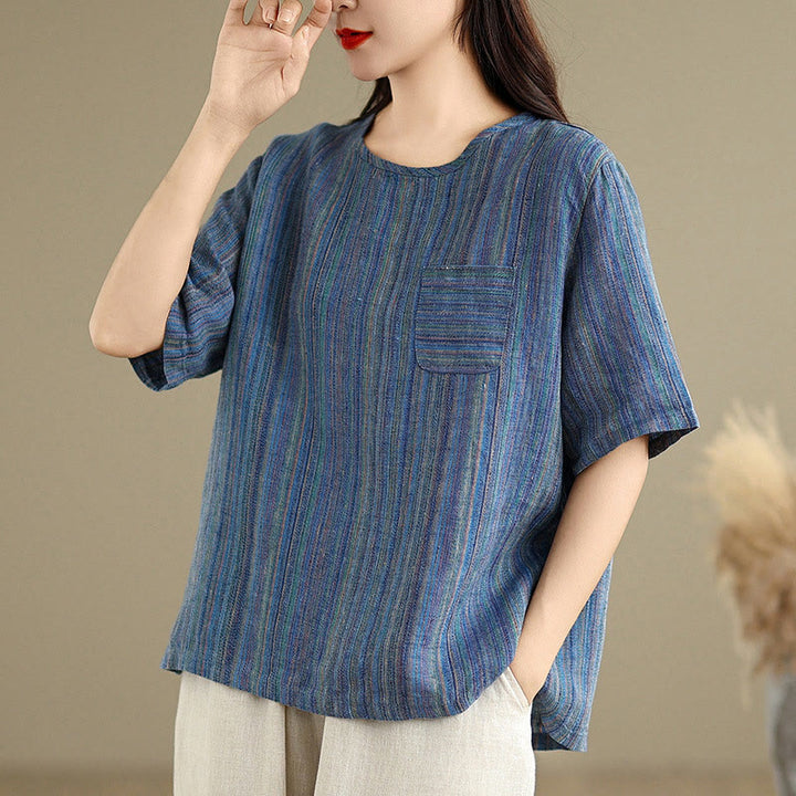 Buddha Stonesカジュアル レトロ ストライプ レディース 半袖 コットン リネン Tシャツ - スティールブルー - US12、 UK/AU16、 EU44 (2XL) - image 1