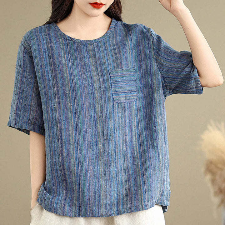 Buddha Stonesカジュアル レトロ ストライプ レディース 半袖 コットン リネン Tシャツ - image 3